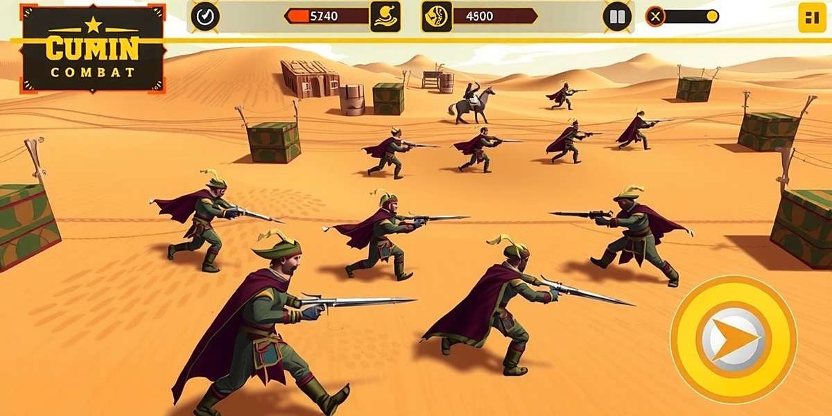 Cumin Glory Combat Gameplay Screenshot Cumin Glory Combat gameplay showing a battle between spice traders and bandits in a desert setting